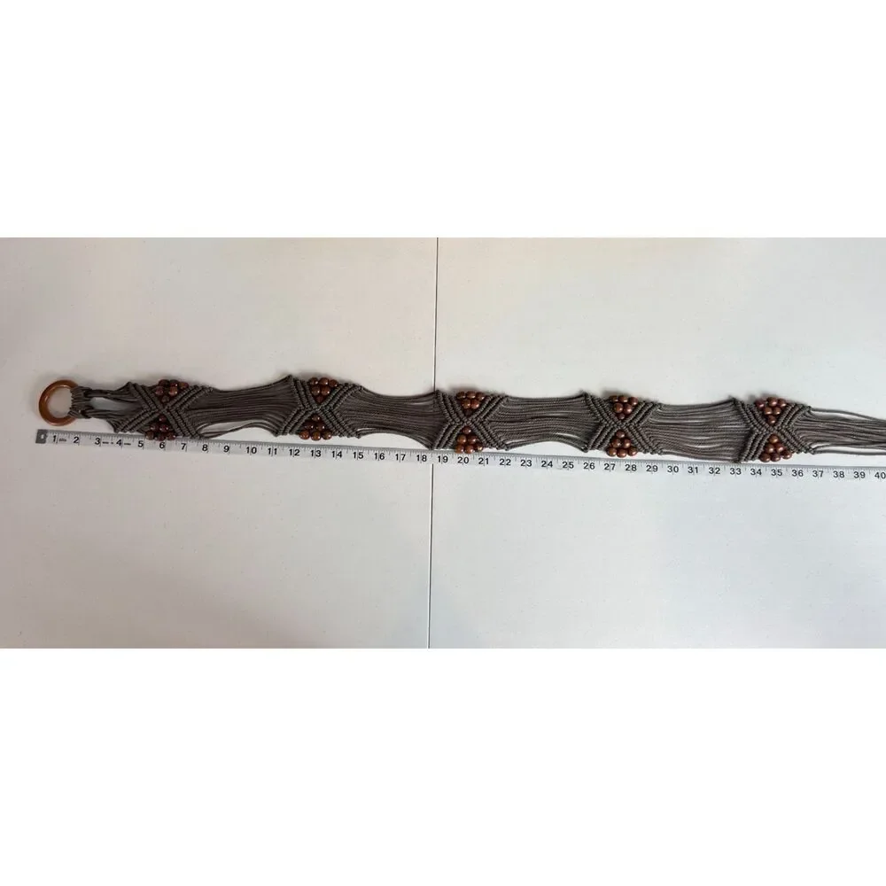 Brown Woven Boho Tie Belt Wood Beads Women's One Size (See Measurements)